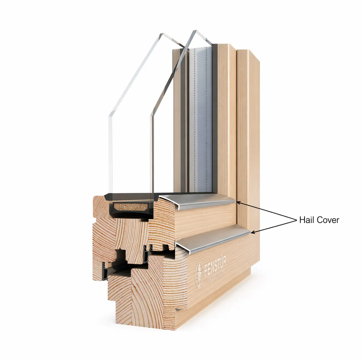 Section view of a Fenstür wood window showing aluminum hail covers over vulnerable horizontal wood surfaces