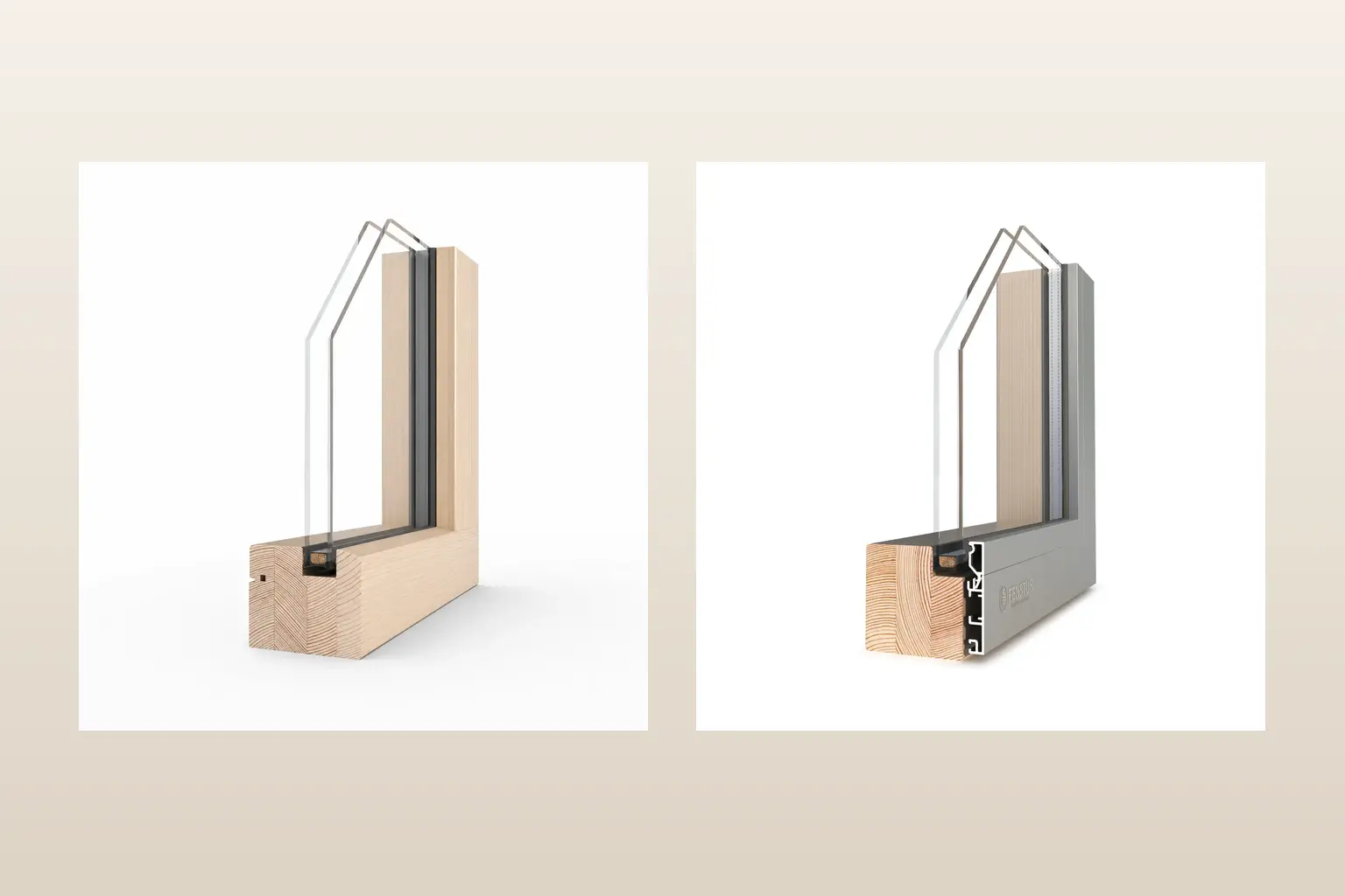 Fenstür all-wood and wood-aluminum-clad window profiles shown side by side