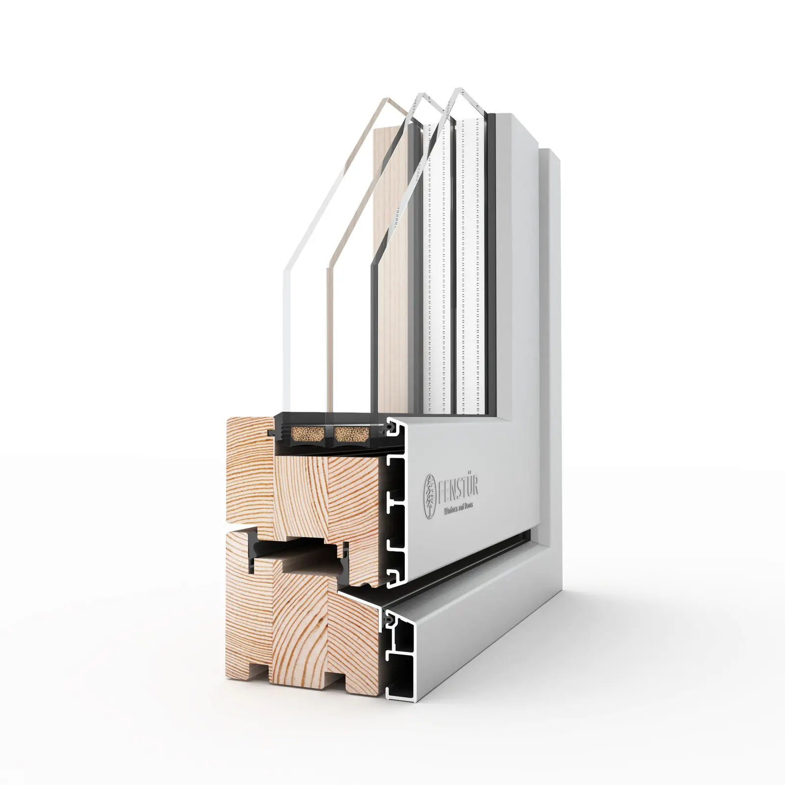 Three-dimensional corner section of a 78 millimetre wood-aluminum-clad Fenstür casement and awning window