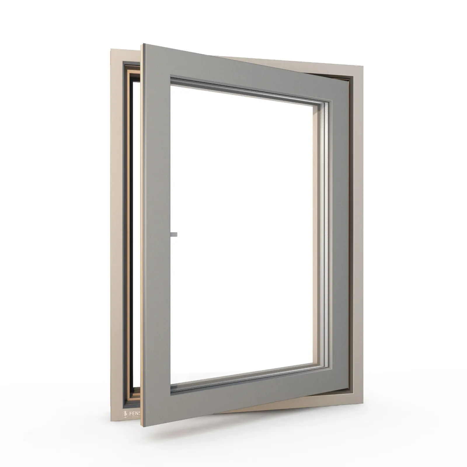 Exterior view of an open 78 millimetre wood-aluminum-clad Fenstür casement window