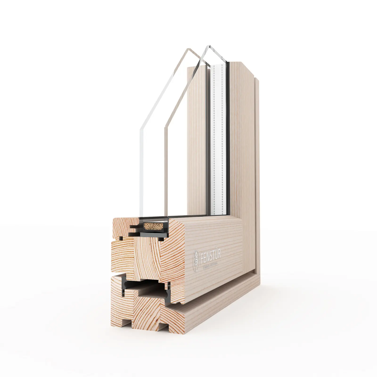 Three-dimensional corner section of a 78 millimetre all-wood Fenstür casement and awning window