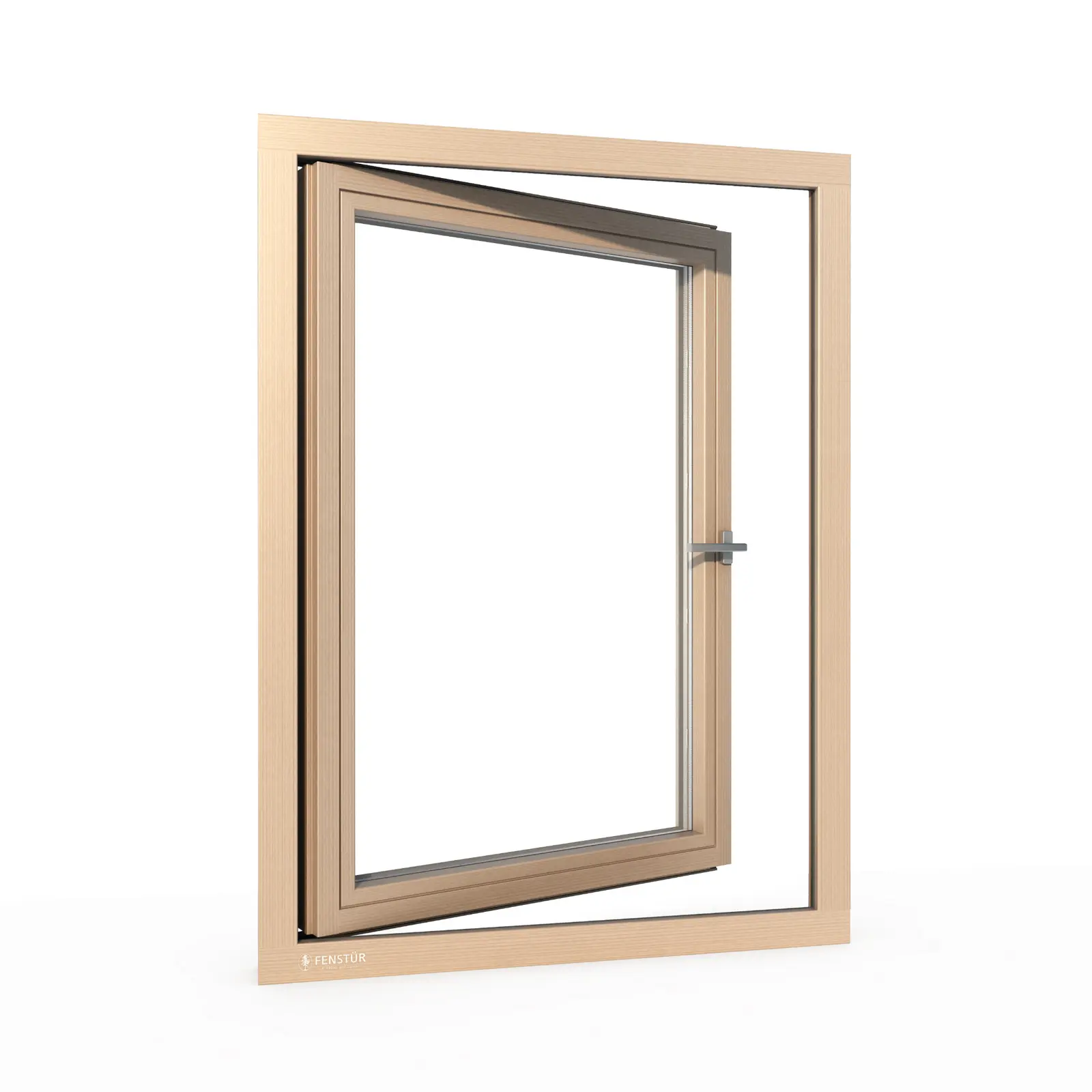 Interior view of an open 78 millimetre all-wood Fenstür casement window