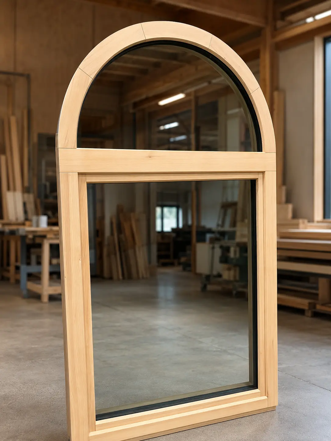 Natural-wood Fenstür arched combination window in the Duncan factory