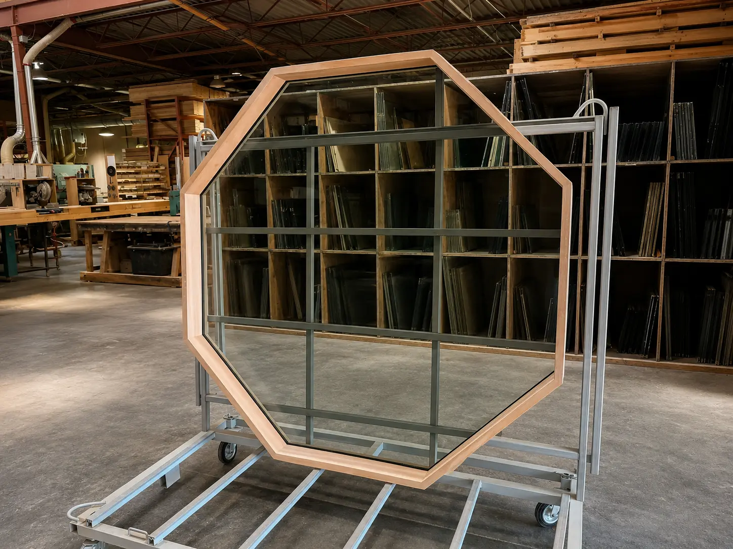 Large octagonal Fenstür wood picture window in the Duncan factory