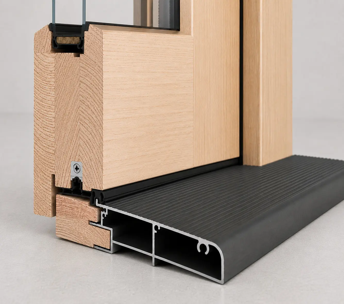 Fenstür Stormproof swing-door threshold with integrated water return and drainage