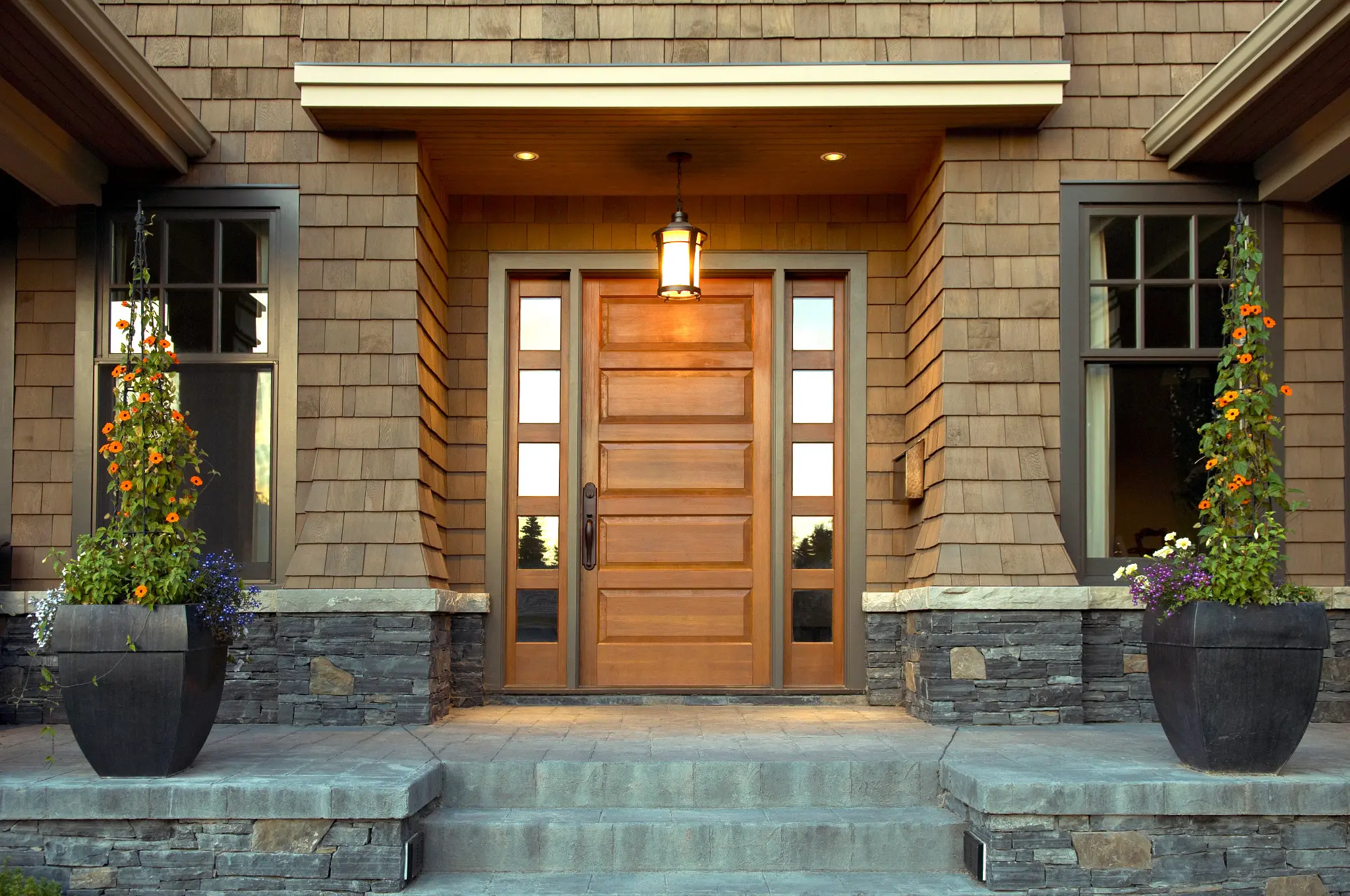 High-resolution custom Fenstür entry door with matching sidelites