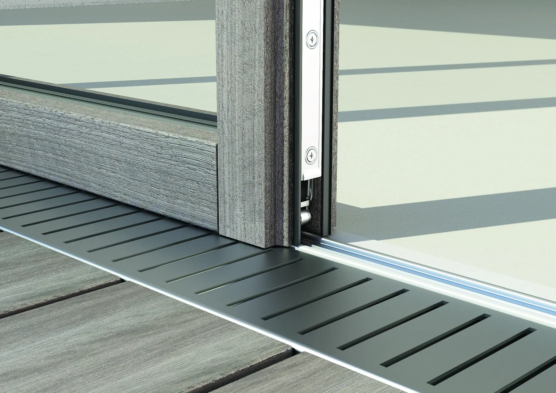 Detailed render of an integrated exterior drainage channel beside an Imago threshold