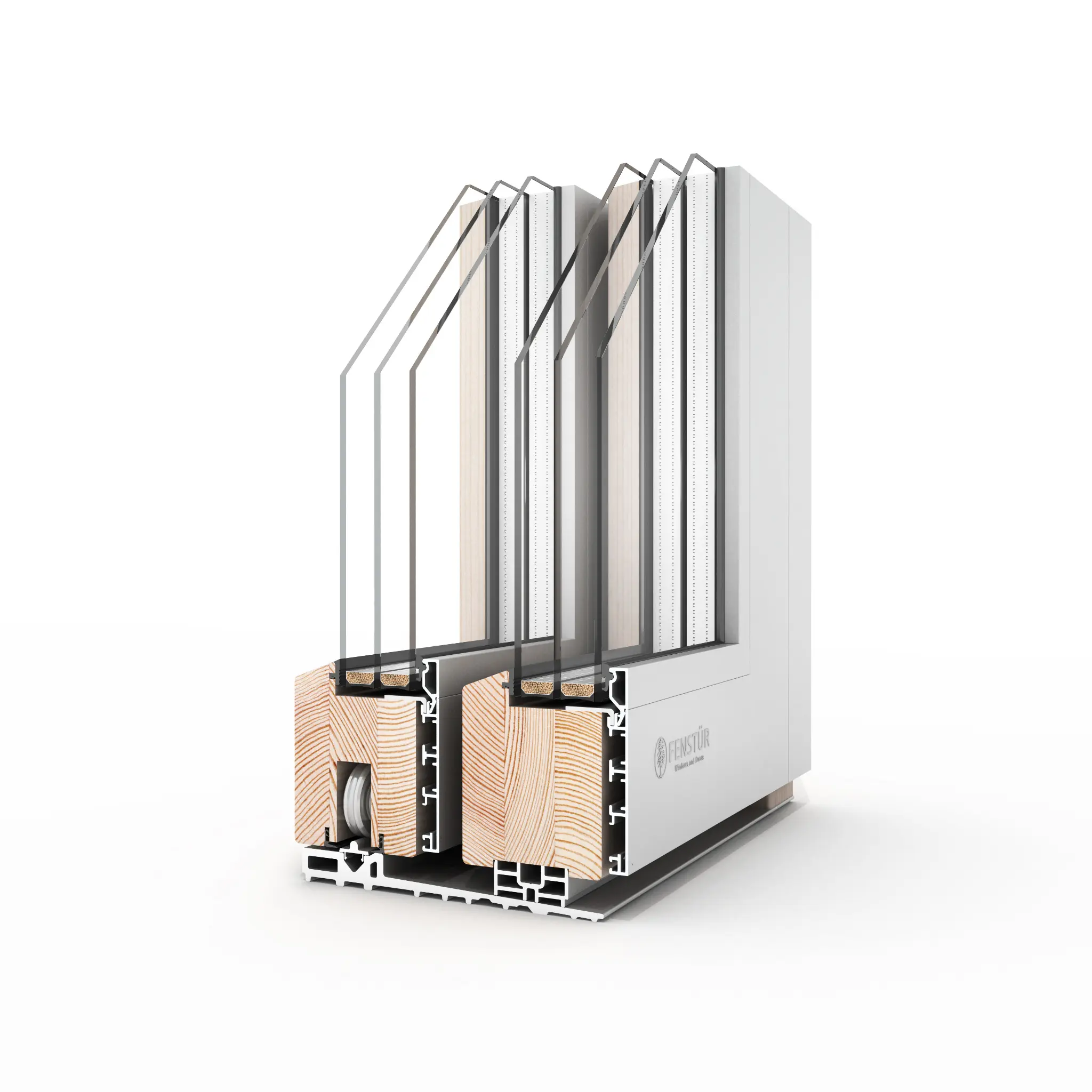 Three-dimensional corner section of the 78 millimetre wood-aluminum-clad Fenstür lift-and-slide system