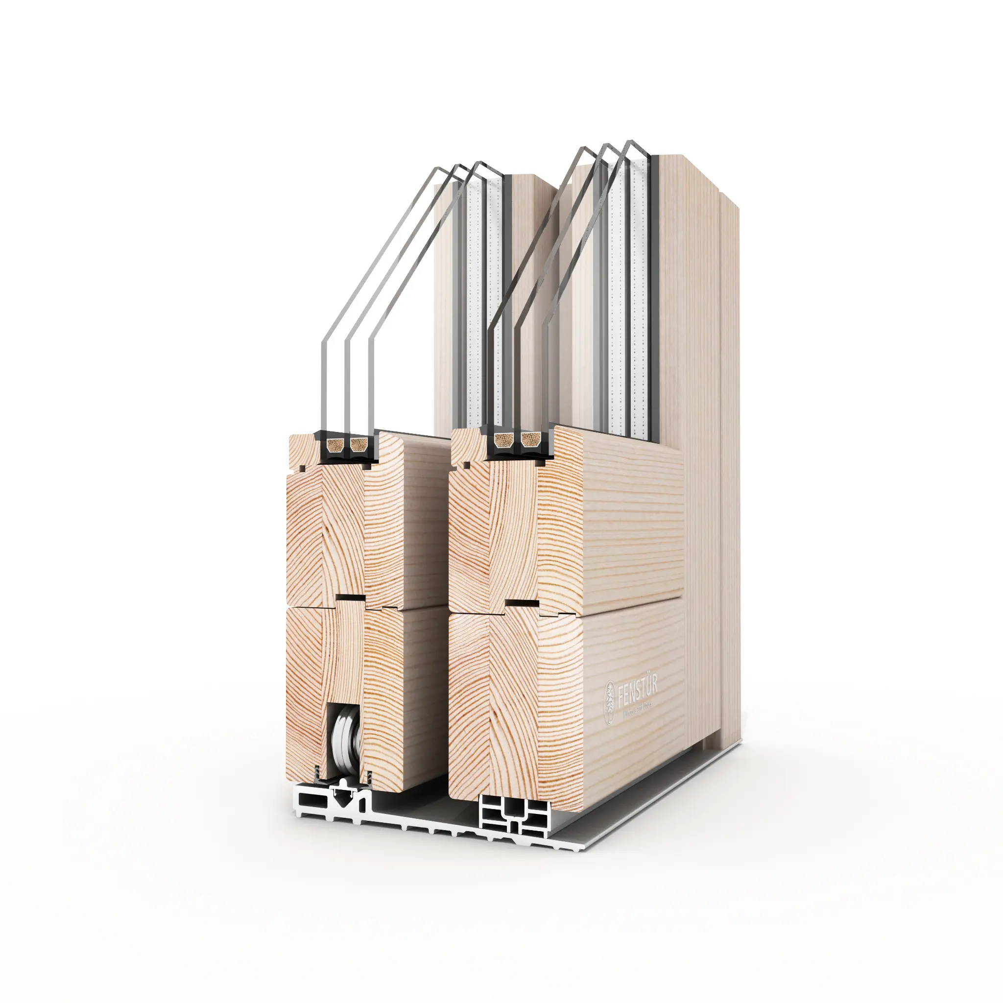 Three-dimensional corner section of the 78 millimetre all-wood Fenstür lift-and-slide system