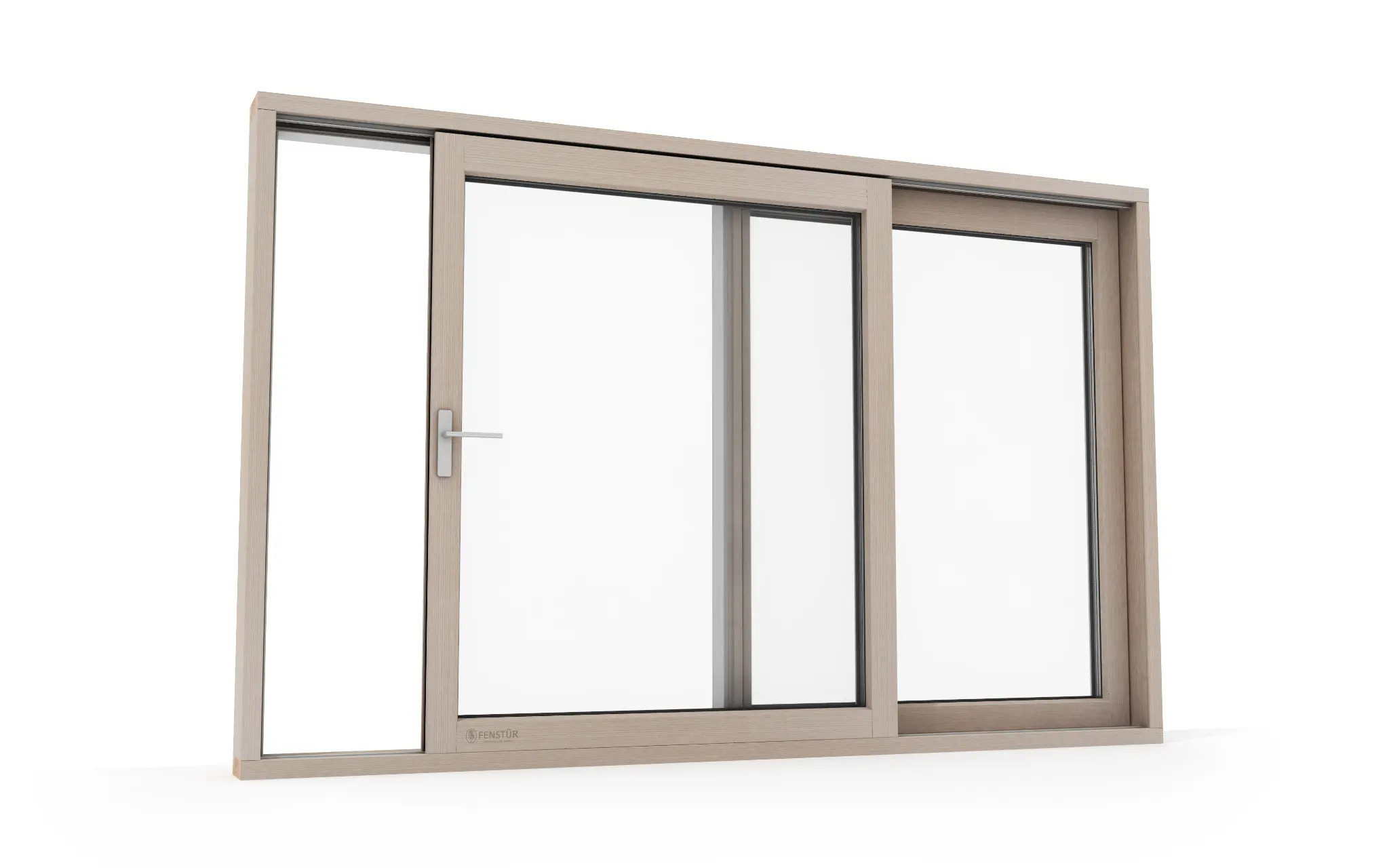 Natural-wood interior face of an open Fenstür lift-and-slide system
