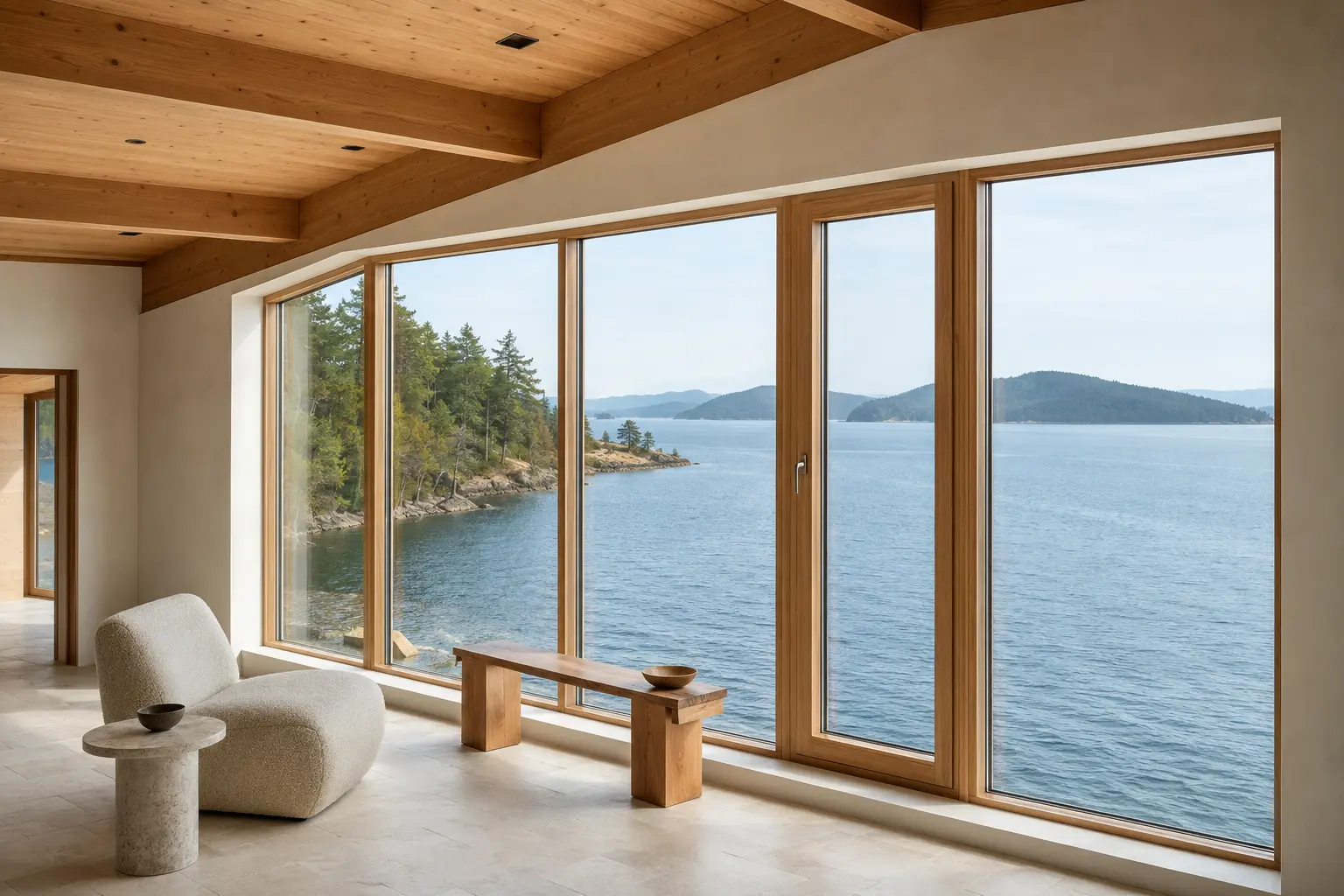 Architectural visualization of a coastal Passive House with deep all-wood triple-pane window frames