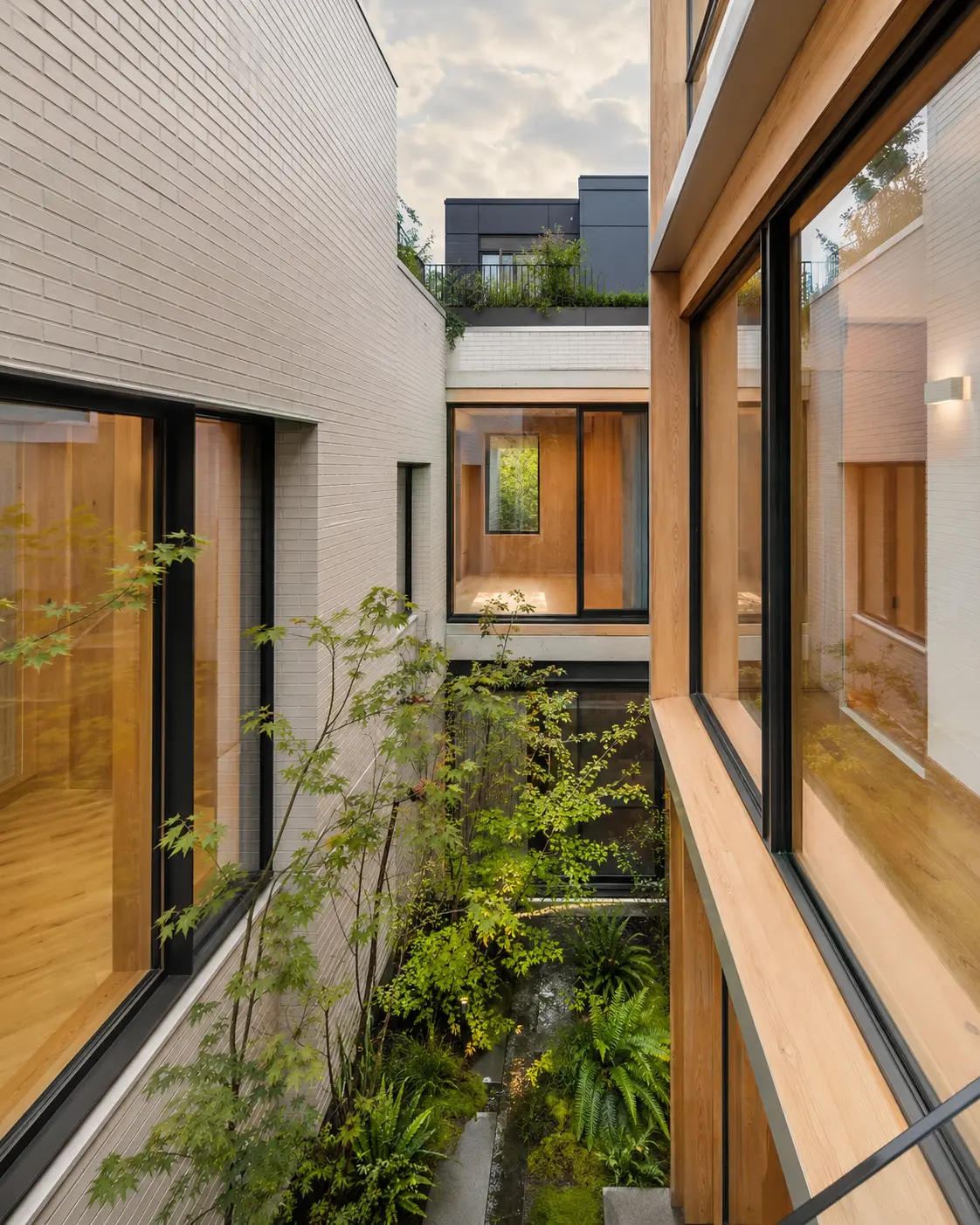 Architectural visualization of a Vancouver infill Passive House with a planted courtyard and wood-aluminum windows
