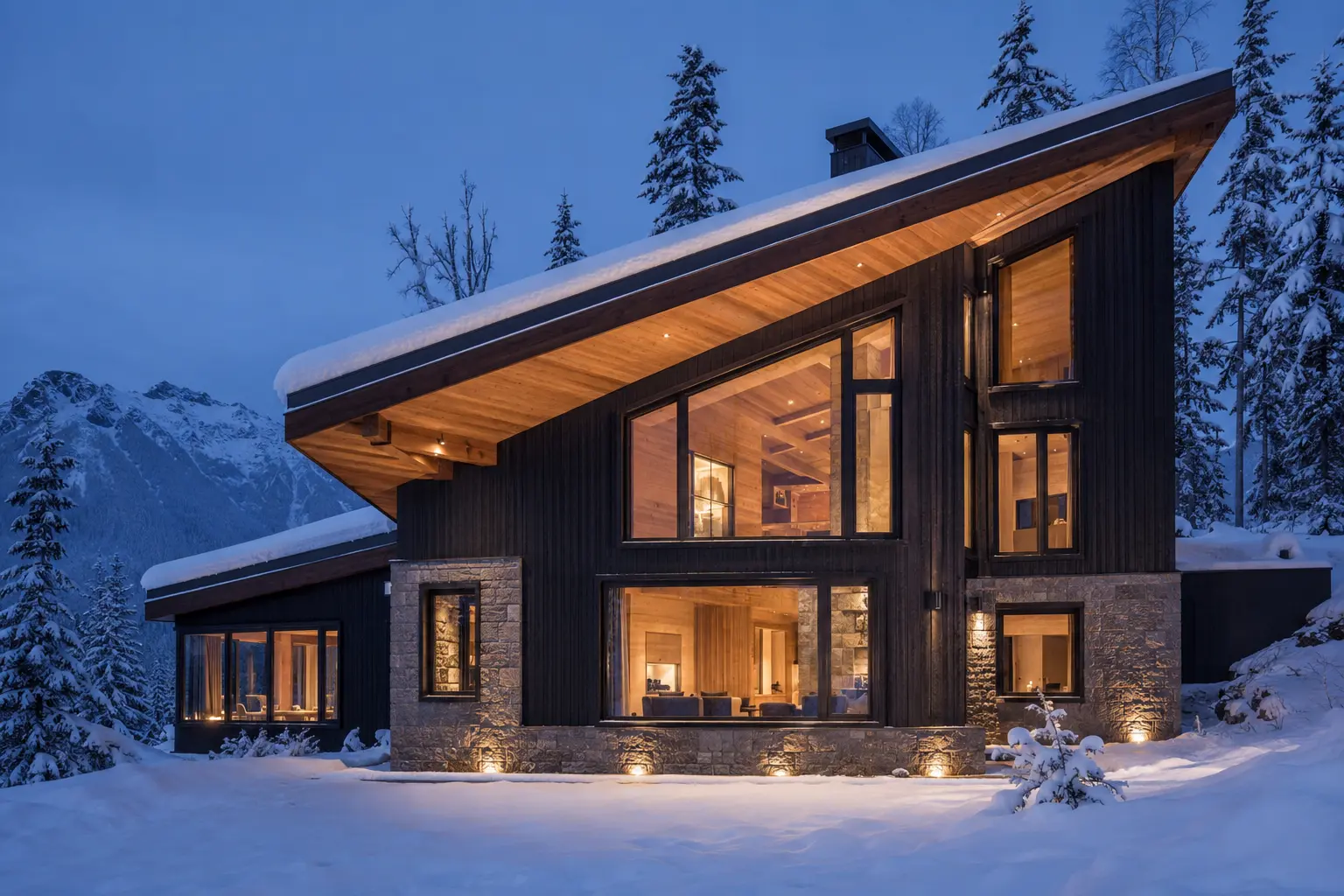 Architectural visualization of a mountain Passive House with wood-aluminum-clad triple-pane windows