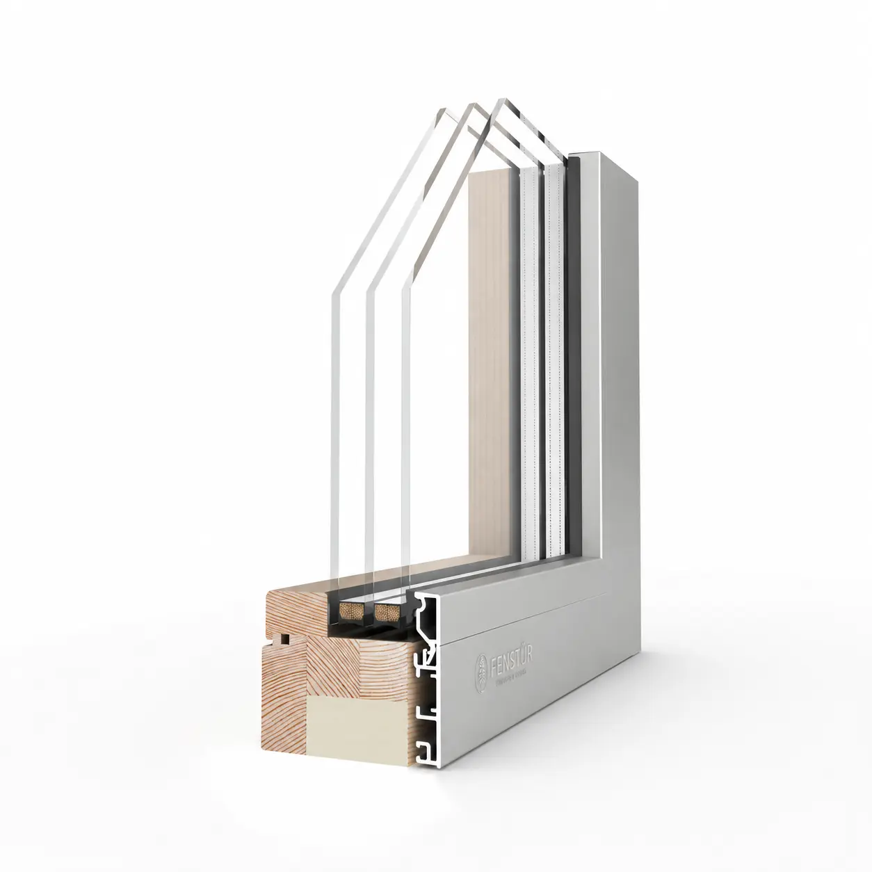 Three-dimensional corner render of a wood-aluminum-clad 106 millimetre Fenstür picture window with triple-pane glass
