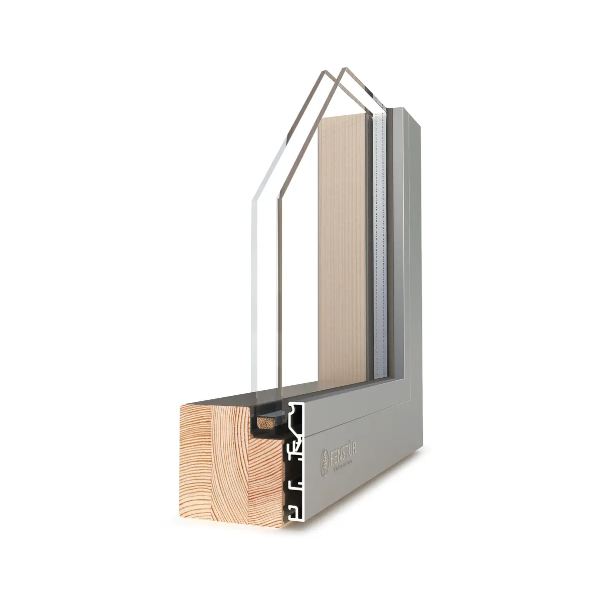 Three-dimensional corner render of a wood-aluminum-clad 78 millimetre Fenstür picture window with double-pane glass