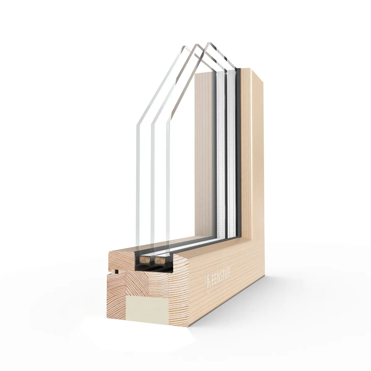 Three-dimensional corner render of an all-wood 106 millimetre Fenstür picture window with triple-pane glass