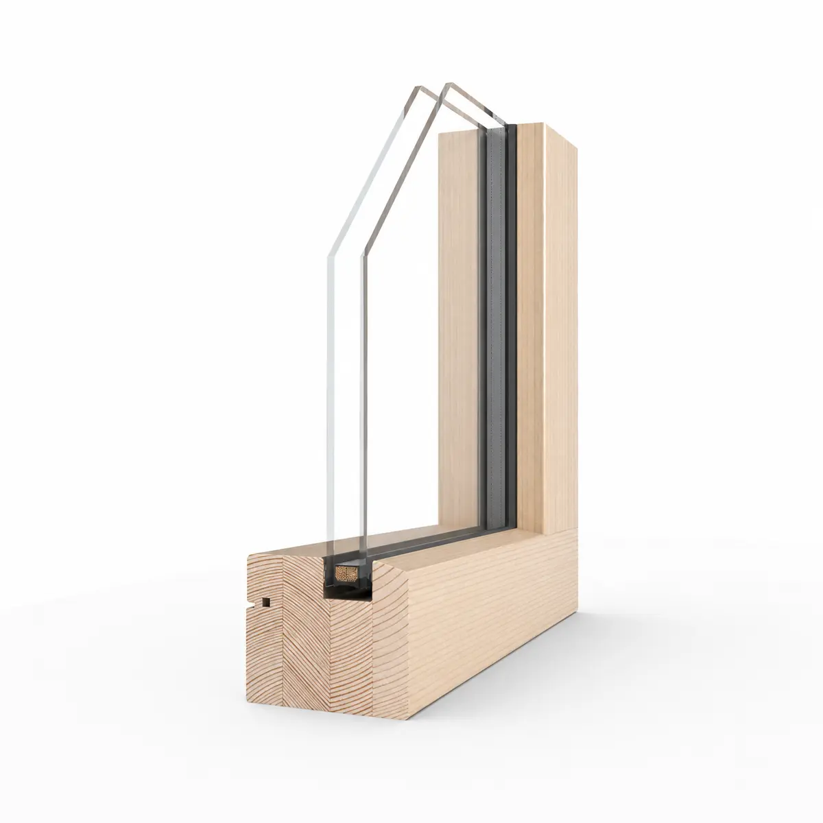 Three-dimensional corner render of an all-wood 78 millimetre Fenstür picture window with double-pane glass