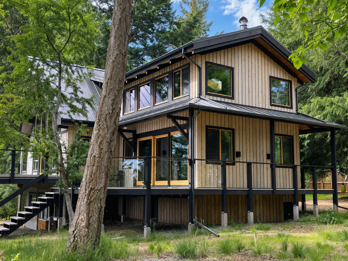 Cortes Island home with warm wood Fenstür windows and doors among mature trees