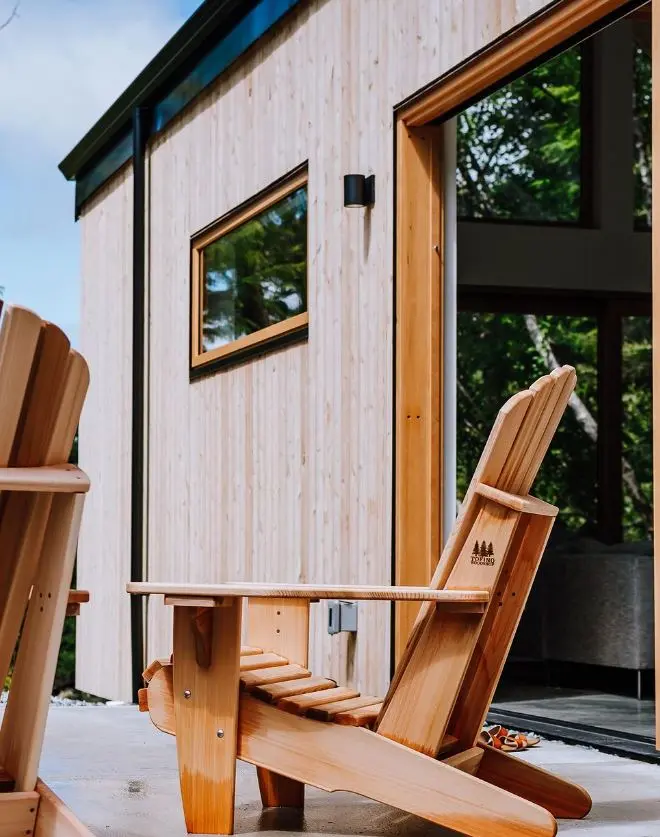Natural wood exterior details beside the open terrace