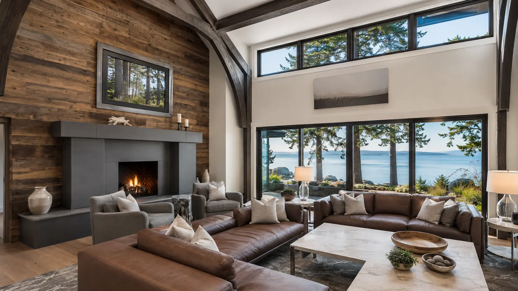 Double-height Victoria oceanfront living room with a dark-framed Fenstür window wall, warm timber interior and Salish Sea view