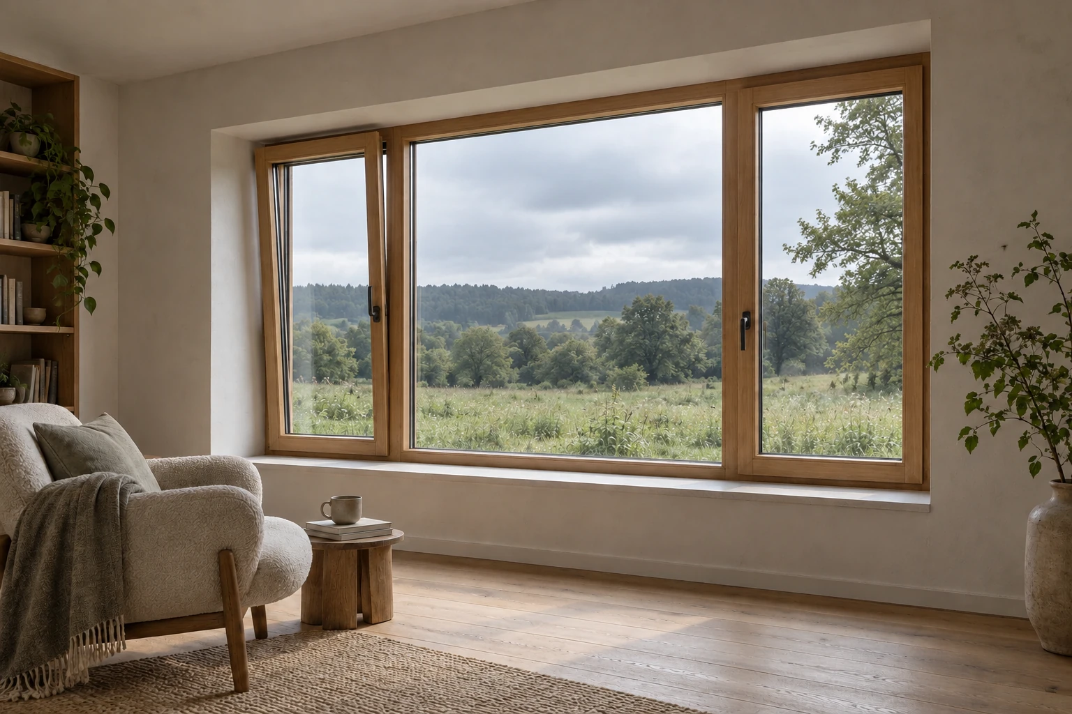 Architectural visualization of all-wood windows in a meadow-facing reading room