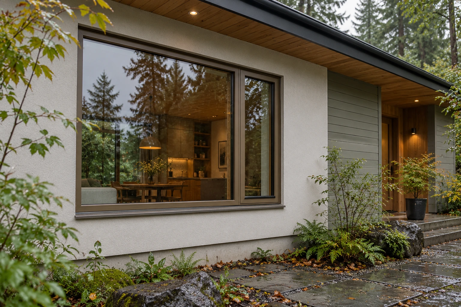 Architectural visualization of bronze-clad wood windows in a rainy woodland home