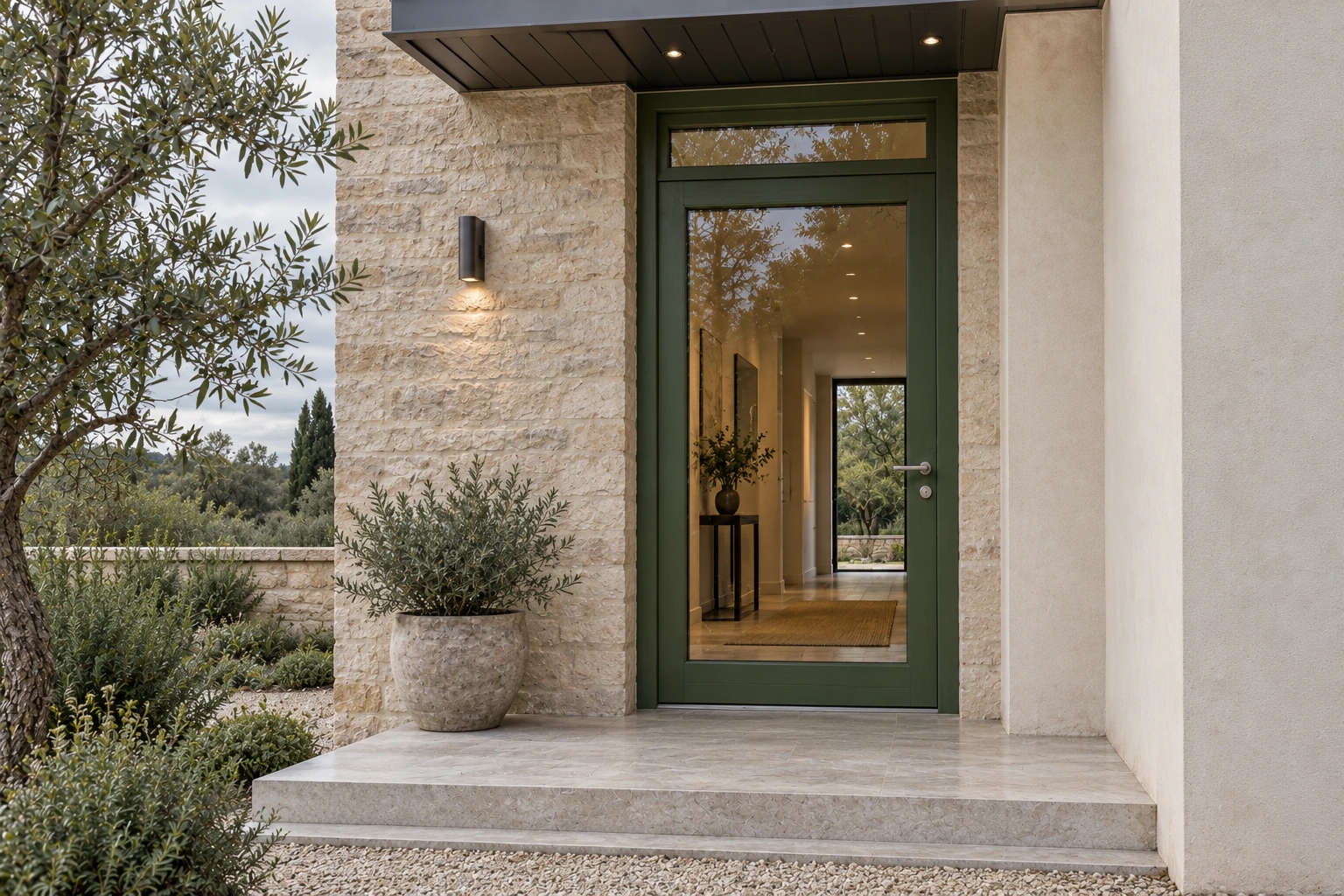 Architectural visualization of a painted wood entrance with transom