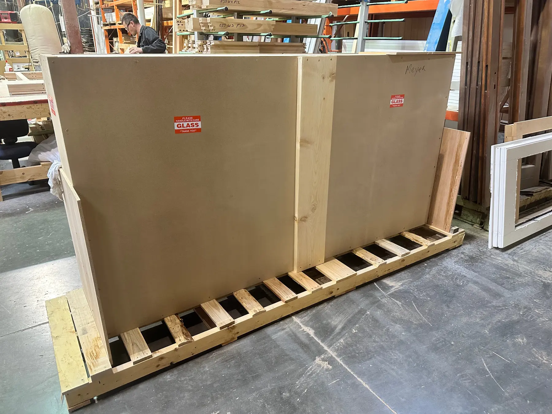 Large Fenstür products protected in a purpose-built wooden shipping crate
