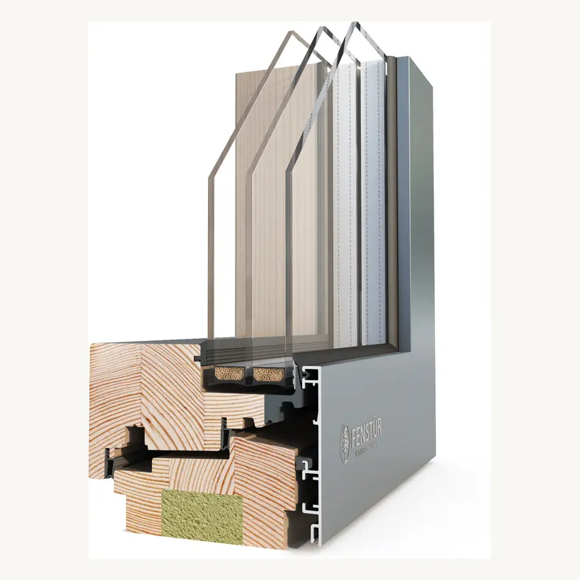 Three-dimensional corner render of a wood-aluminum-clad 106 millimetre Fenstür tilt-and-turn window with triple-pane glass