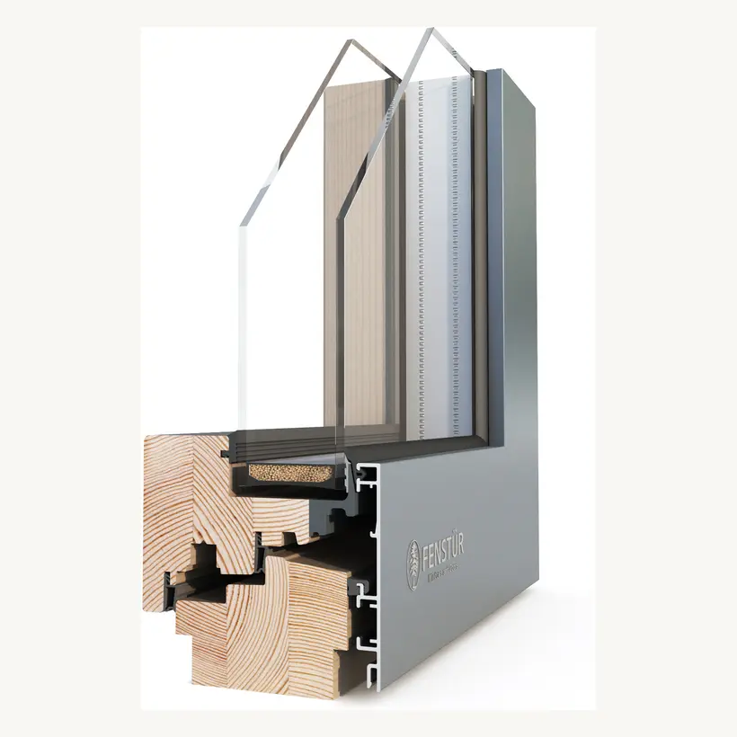 Three-dimensional corner render of a wood-aluminum-clad 78 millimetre Fenstür tilt-and-turn window with double-pane glass