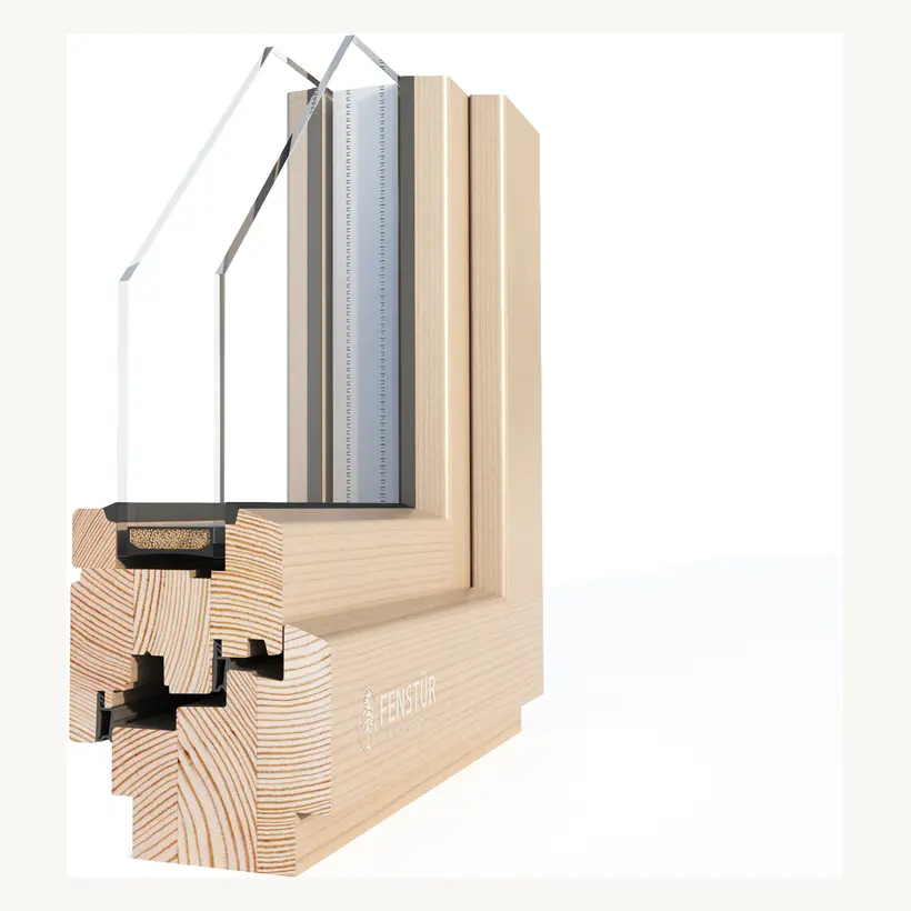 Three-dimensional corner render of an all-wood 78 millimetre Fenstür tilt-and-turn window with double-pane glass