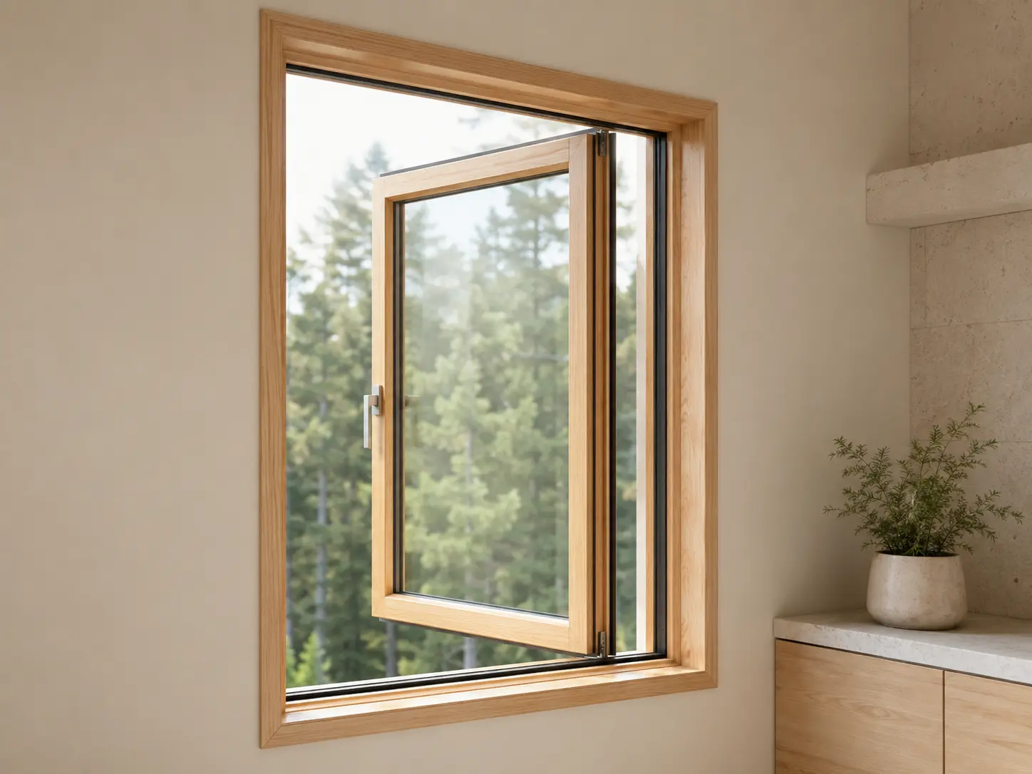 Open Fenstür wood casement window installed in a finished interior wall