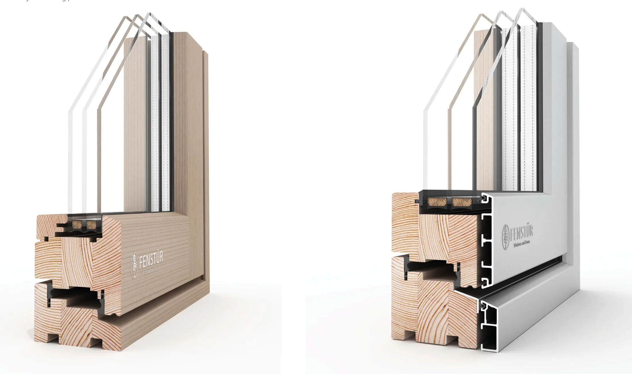High-resolution sections through Fenstür all-wood and wood-aluminum window systems