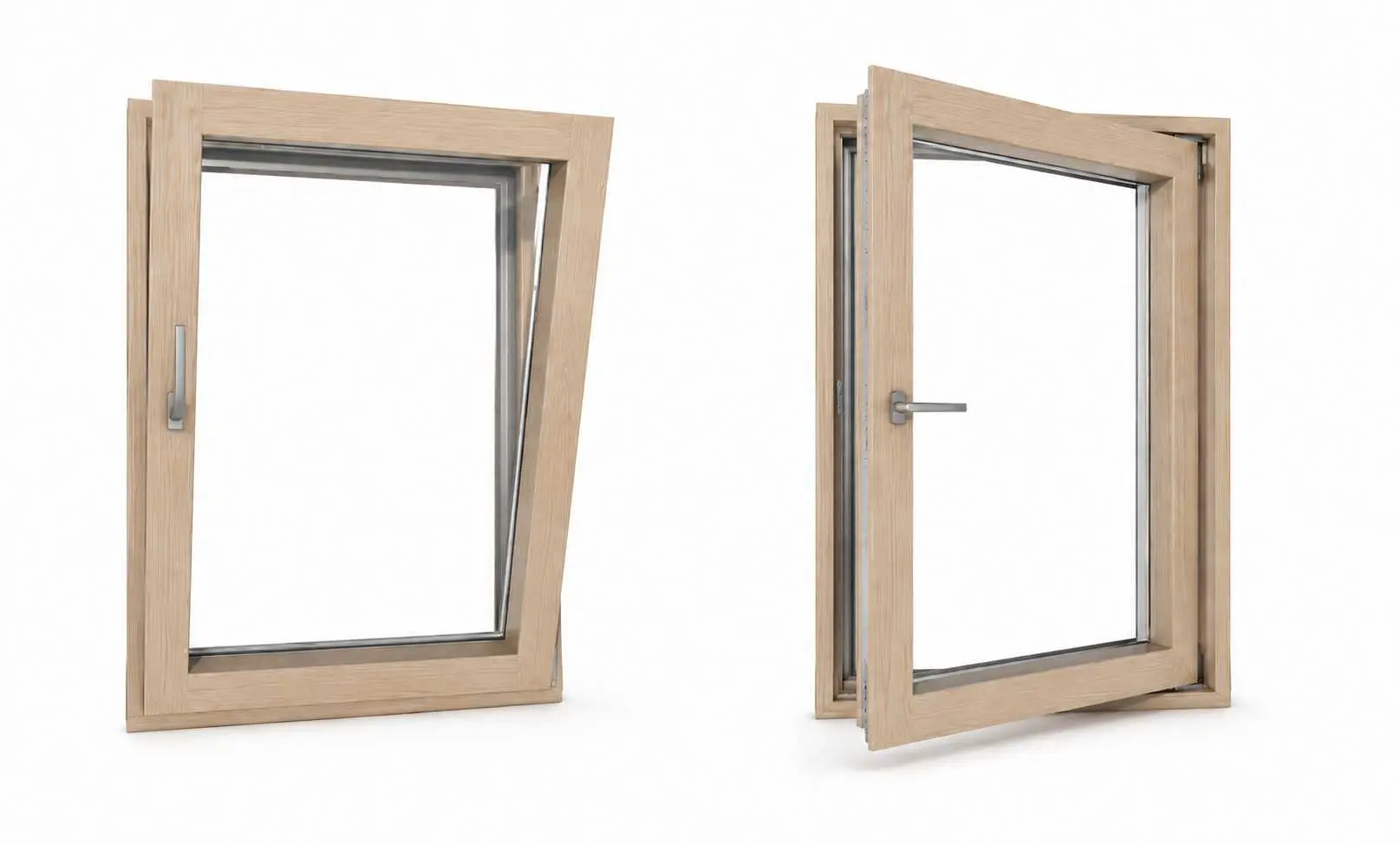Fenstür tilt-and-turn window shown in both inward-tilt and full inward-turn positions