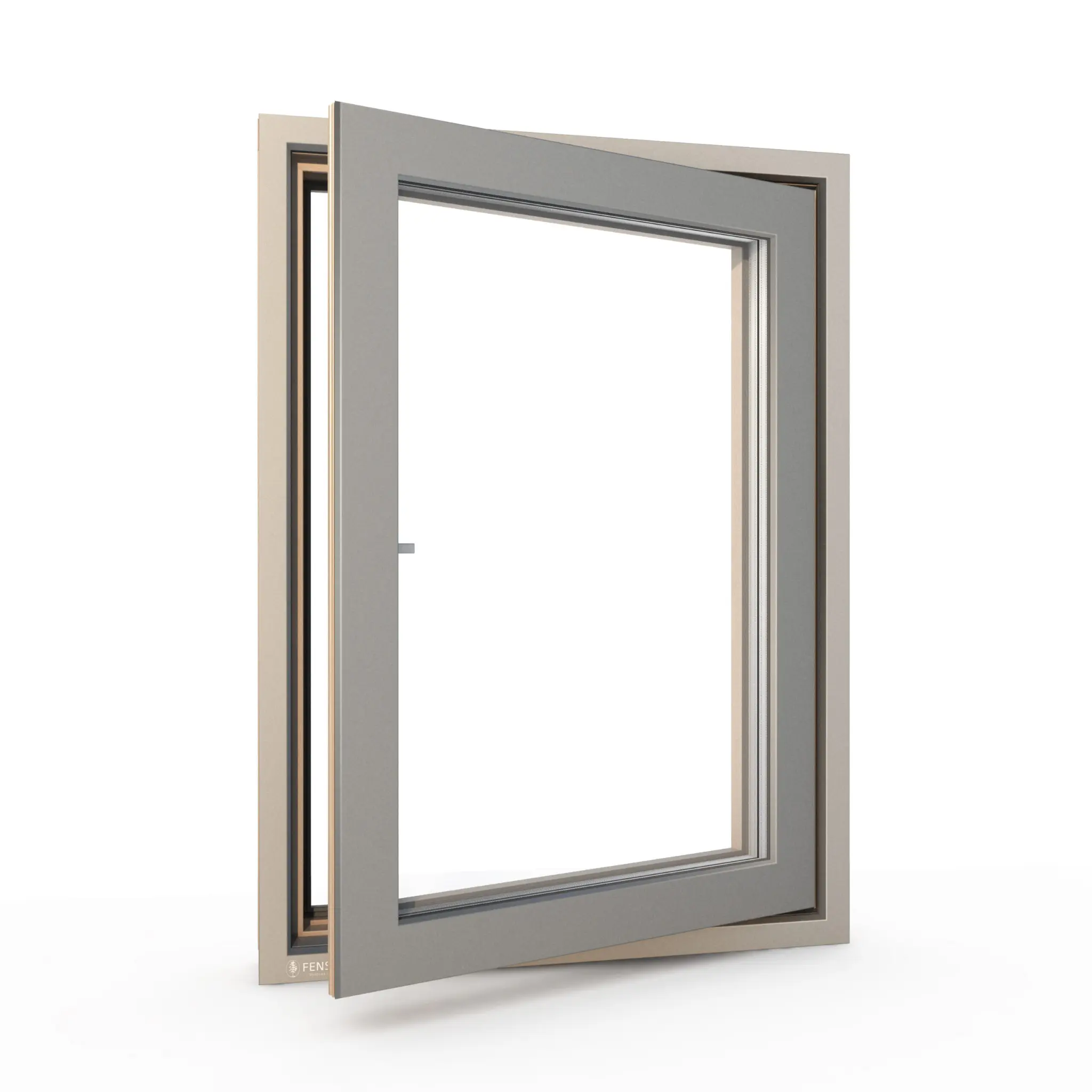Fenstür wood-aluminum window profile showing the timber frame and exterior cladding