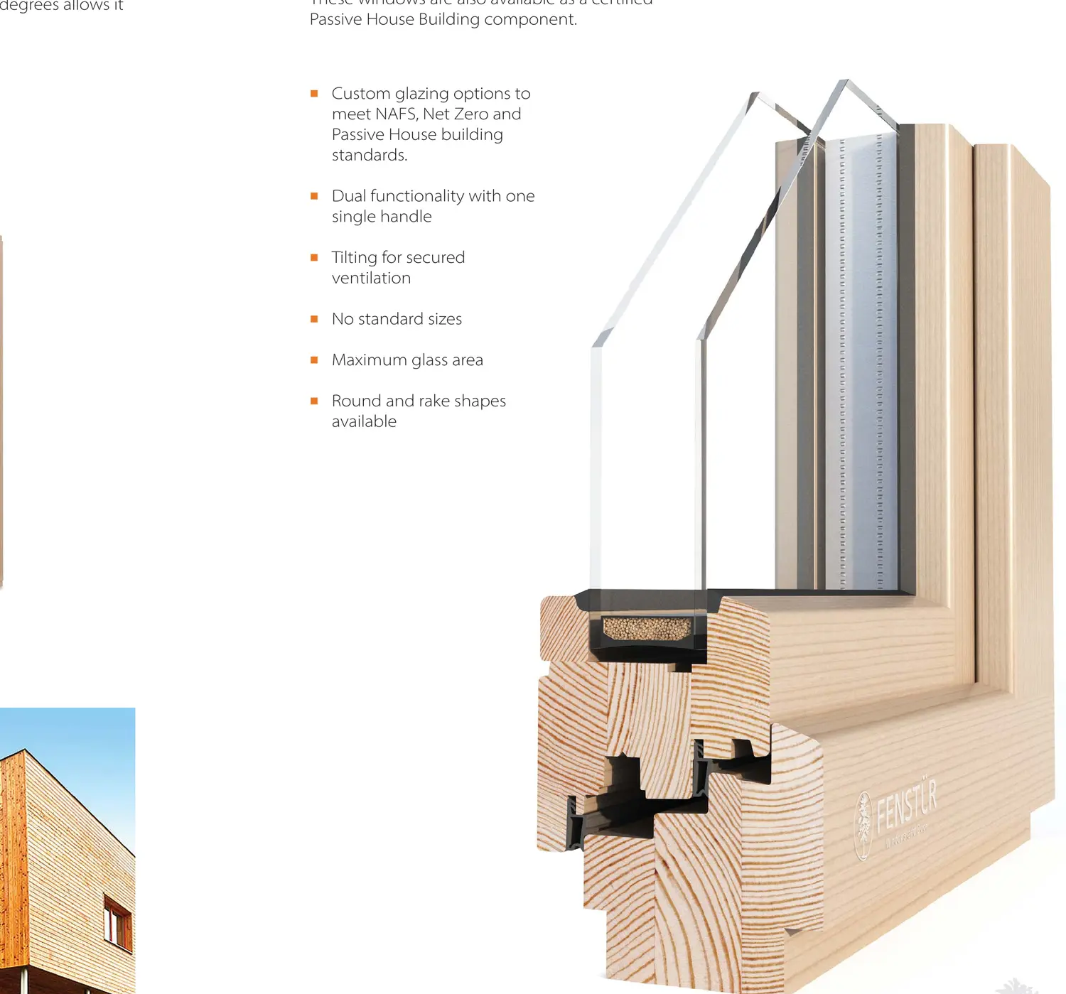 Sectioned Fenstür tilt-and-turn window showing engineered timber, glazing and compression seals